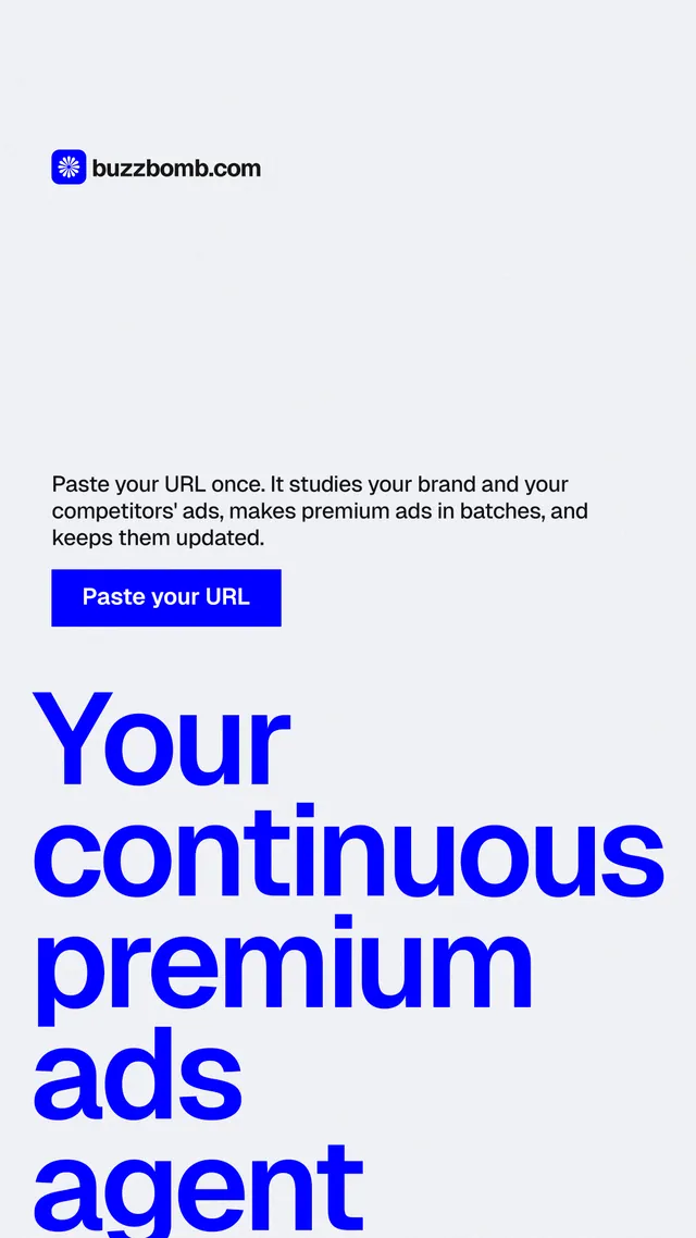Instagram story for BuzzBomb: "Your continuous premium ads agent." Swiss style, oversized layout, light palette in white, blue.