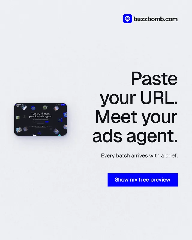 Instagram portrait post for BuzzBomb: "Paste your URL. Meet your ads agent." Swiss style, right layout, light palette in white, grey.