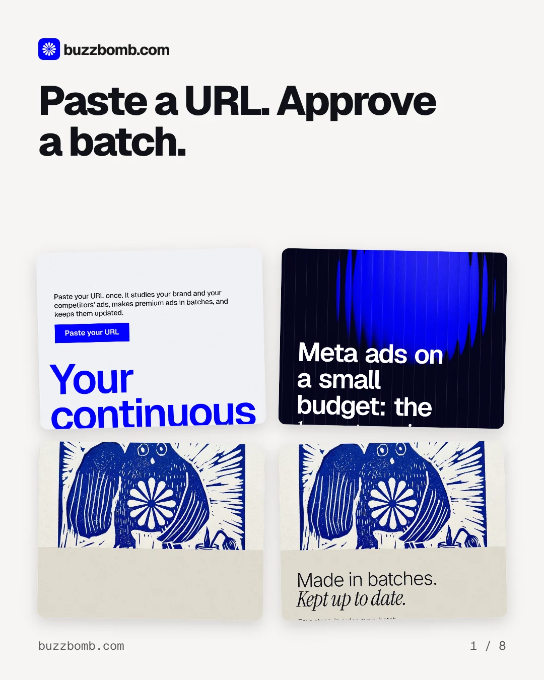 Carousel for BuzzBomb: "Paste a URL. Approve a batch.". Collection carousel, 8 slides, light palette.