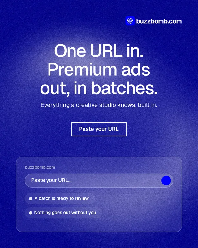 Instagram portrait post for BuzzBomb: "One URL in. Premium ads out, in batches." Cyanotype style, centred layout, dark palette in blue.
