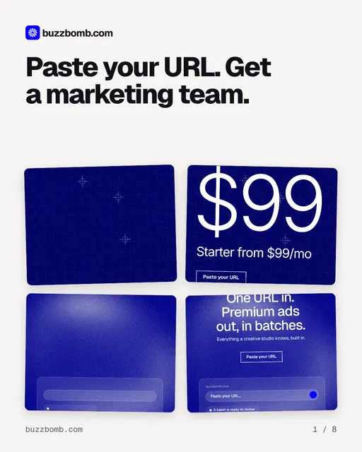 Carousel for BuzzBomb: "Paste your URL. Get a marketing team.". Collection carousel, 8 slides, light palette.