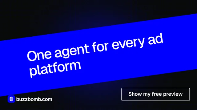 Landscape graphic for BuzzBomb: "One agent for every ad platform". Phosphor atlas style, diagonal layout, dark palette in black, blue.