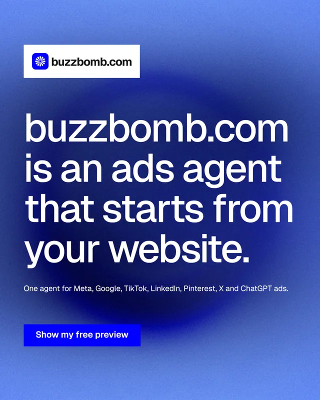 Instagram portrait post for BuzzBomb: "buzzbomb.com is an ads agent that starts from your website." Swiss style, announce layout, dark palette in blue.