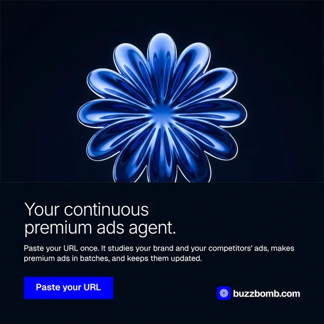 Instagram post for BuzzBomb: "Your continuous premium ads agent." Swiss style, bottom layout, dark palette in black, blue.
