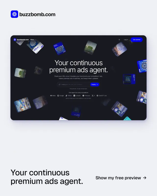 Instagram portrait post for BuzzBomb: "Your continuous premium ads agent." Data card style, image led layout, light palette in black, white, grey.