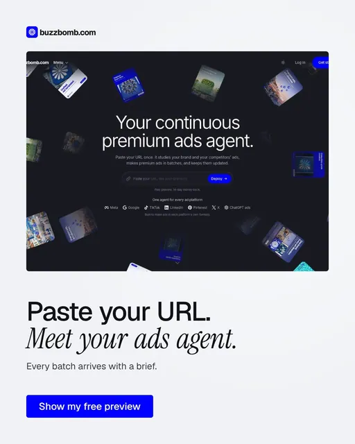 Video for BuzzBomb: "Paste your URL. Meet your ads agent.". Doc motion loop, 6.0 s, light palette.