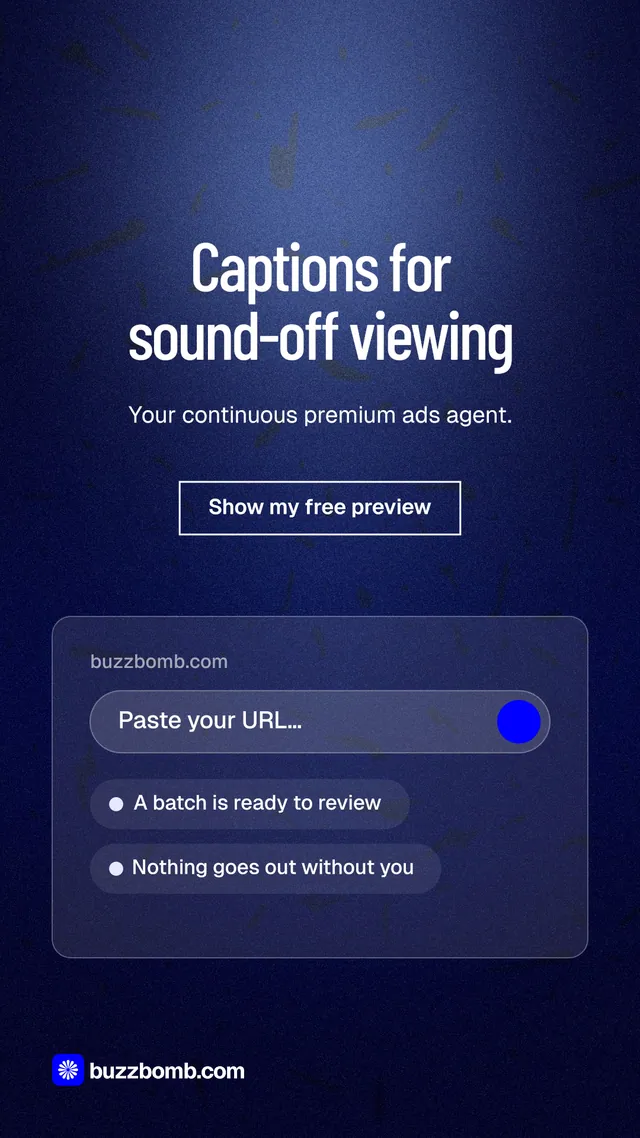 Instagram story for BuzzBomb: "Captions for sound-off viewing". Dark deco style, centred layout, dark palette in black, blue.