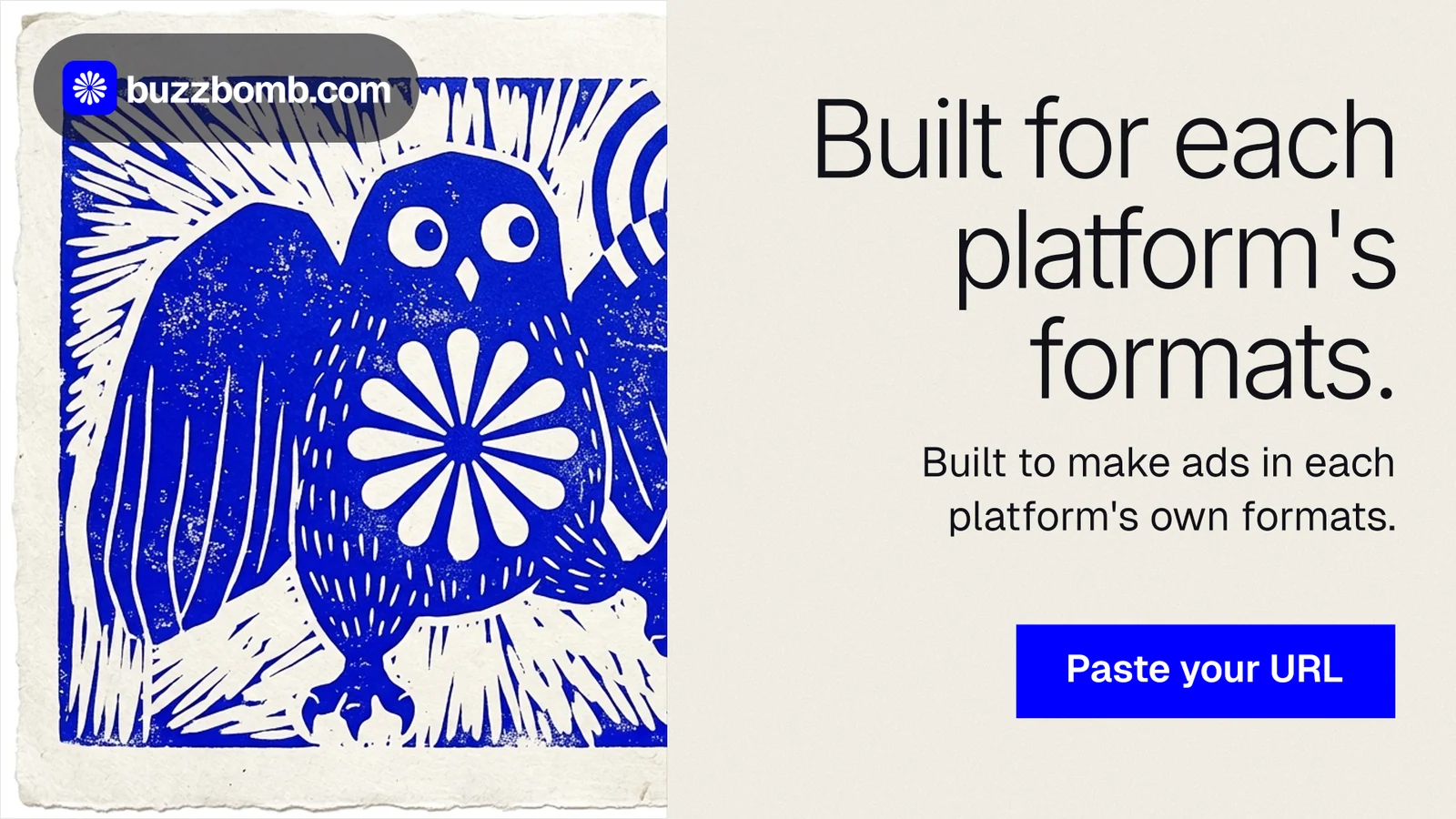 Landscape graphic for BuzzBomb: "Built for each platform's formats." Swiss style, right layout, light palette in yellow, blue, grey.