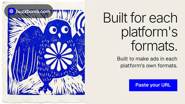 Landscape graphic for BuzzBomb: "Built for each platform's formats." Swiss style, right layout, light palette in yellow, blue, grey.