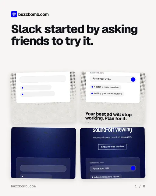 Carousel for BuzzBomb: "Slack started by asking friends to try it.". Collection carousel, 8 slides, light palette.