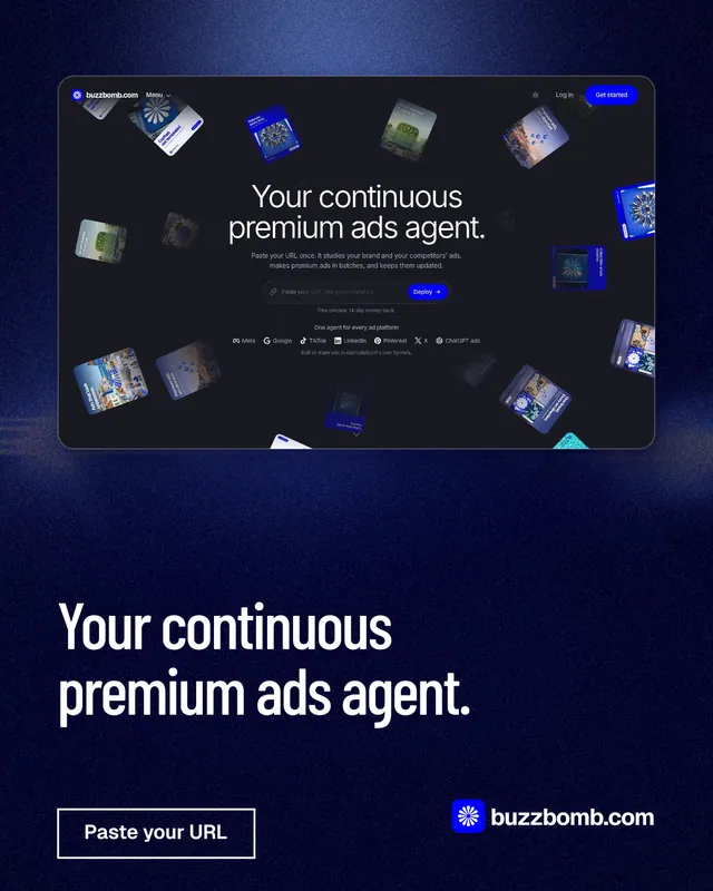 Instagram portrait post for BuzzBomb: "Your continuous premium ads agent." Dark deco style, bottom layout, dark palette in blue, black.