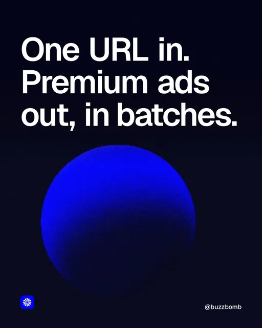 Video for BuzzBomb: "One URL in. Premium ads out, in batches.". Shader loop, 6.0 s, dark palette.