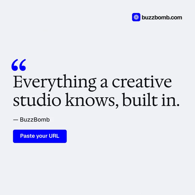 Instagram post for BuzzBomb: "Everything a creative studio knows, built in." Data card style, quote layout, light palette in white, blue.