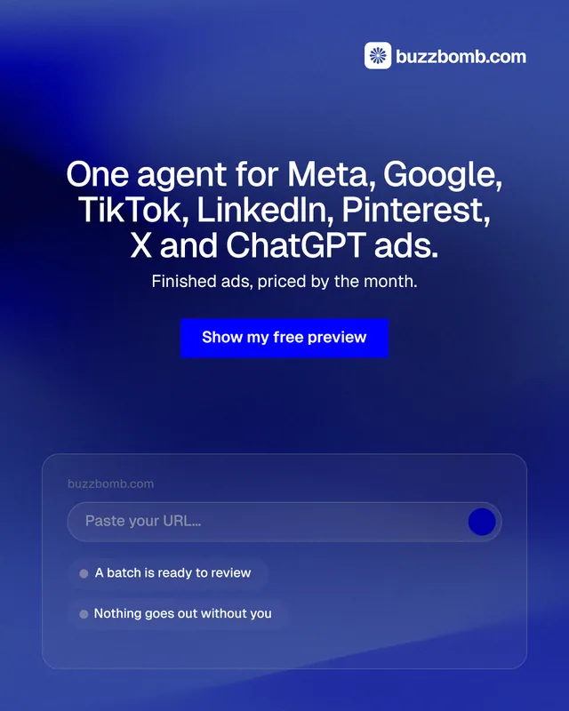 Instagram portrait post for BuzzBomb: "One agent for Meta, Google, TikTok, LinkedIn, Pinterest, X and ChatGPT ads." Swiss style, centred layout, dark palette in blue.