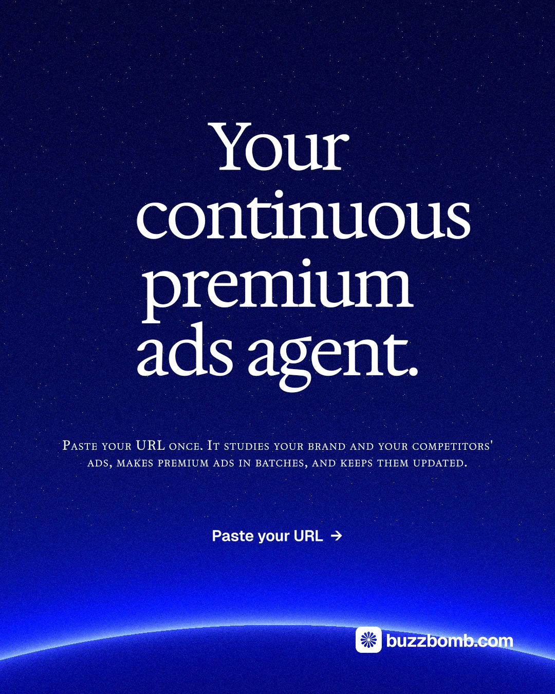 Instagram portrait post for BuzzBomb: "Your continuous premium ads agent." Swiss style, smallcaps layout, dark palette in blue.