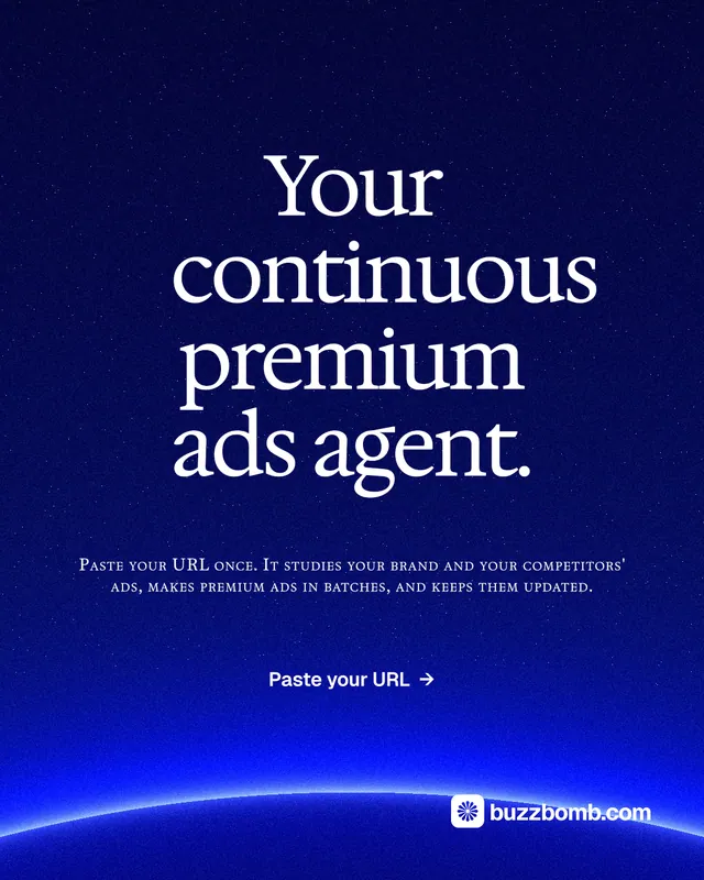 Instagram portrait post for BuzzBomb: "Your continuous premium ads agent." Swiss style, smallcaps layout, dark palette in blue.