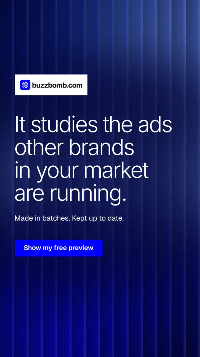 Instagram story for BuzzBomb: "It studies the ads other brands in your market are running." Swiss style, announce layout, dark palette in blue.