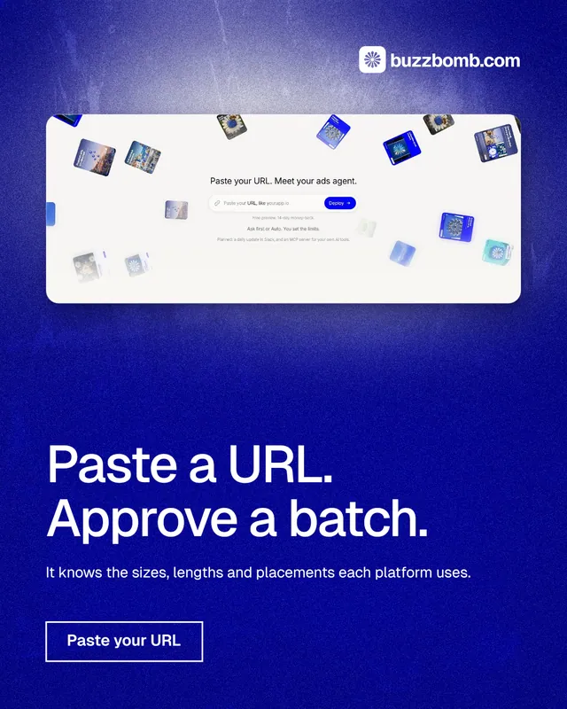 Instagram portrait post for BuzzBomb: "Paste a URL. Approve a batch." Cyanotype style, bottom layout, dark palette in blue, white.