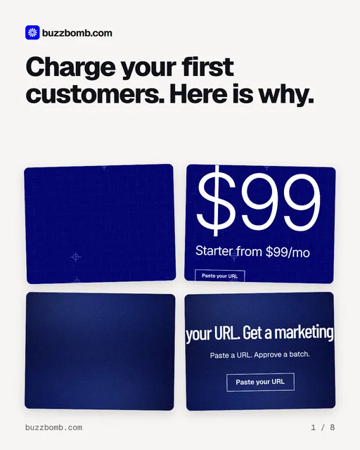Carousel for BuzzBomb: "Charge your first customers. Here is why.". Collection carousel, 8 slides, light palette.