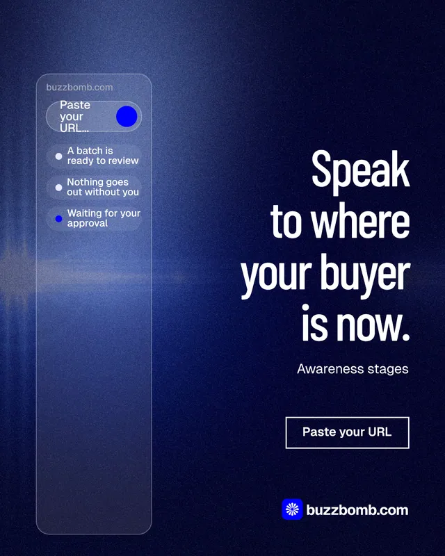 Instagram portrait post for BuzzBomb: "Speak to where your buyer is now." Dark deco style, right layout, dark palette in blue, black.