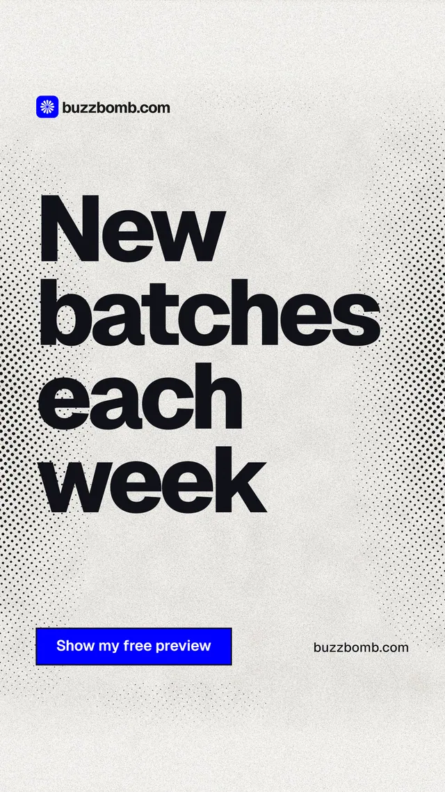 Instagram story for BuzzBomb: "New batches each week". Ink sticker style, poster layout, light palette in white, grey.