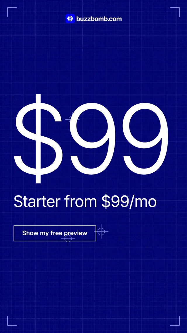 Instagram story for BuzzBomb: "Your continuous premium ads agent." Blueprint style, stat layout, dark palette in blue.