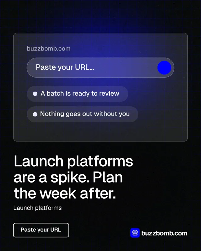 Instagram portrait post for BuzzBomb: "Launch platforms are a spike. Plan the week after." Phosphor atlas style, bottom layout, dark palette in blue, black.