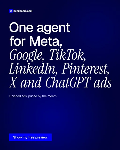 Video for BuzzBomb: "One agent for Meta, Google, TikTok, LinkedIn, Pinterest, X and ChatGPT ads.". Doc motion loop, 7.0 s, dark palette.