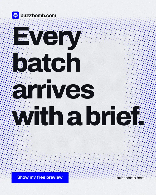 Instagram portrait post for BuzzBomb: "Every batch arrives with a brief." Swiss style, poster layout, light palette in blue, white, grey.
