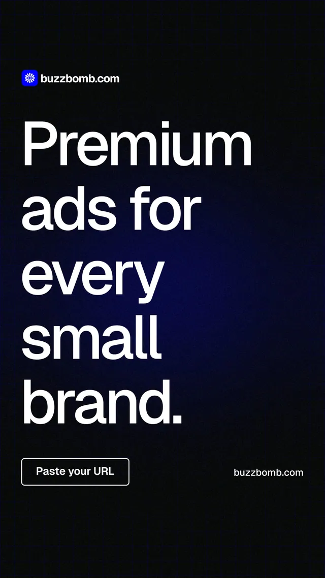 Instagram story for BuzzBomb: "Premium ads for every small brand." Phosphor atlas style, poster layout, dark palette in black, grey.