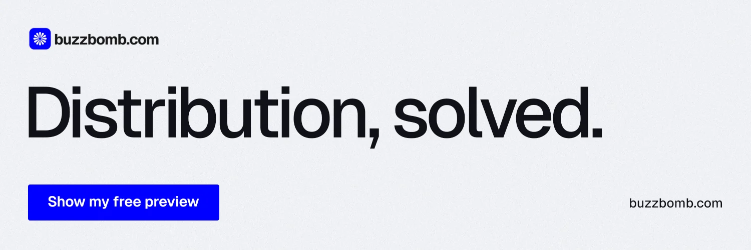X header for BuzzBomb: "Distribution, solved." Data card style, poster layout, light palette in white, blue.
