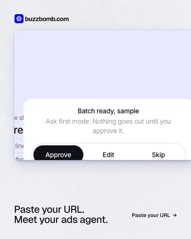 Instagram portrait post for BuzzBomb: "Paste your URL. Meet your ads agent." Swiss style, image led layout, light palette in white, grey.