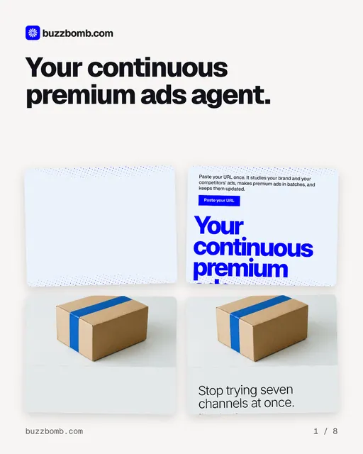 Carousel for BuzzBomb: "Your continuous premium ads agent.". Collection carousel, 8 slides, light palette.