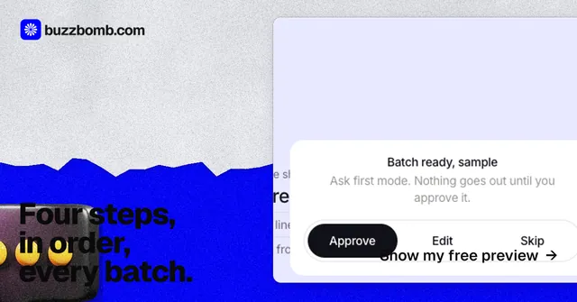 Social ad for BuzzBomb: "Four steps, in order, every batch." Paper trio style, image led layout, light palette in white, blue.