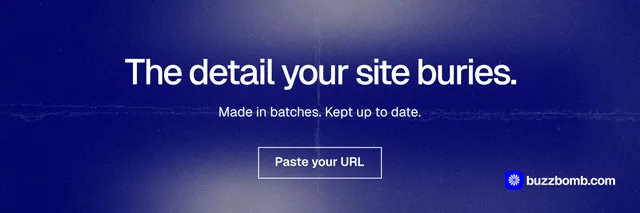 X header for BuzzBomb: "The detail your site buries." Cyanotype style, centred layout, dark palette in blue.