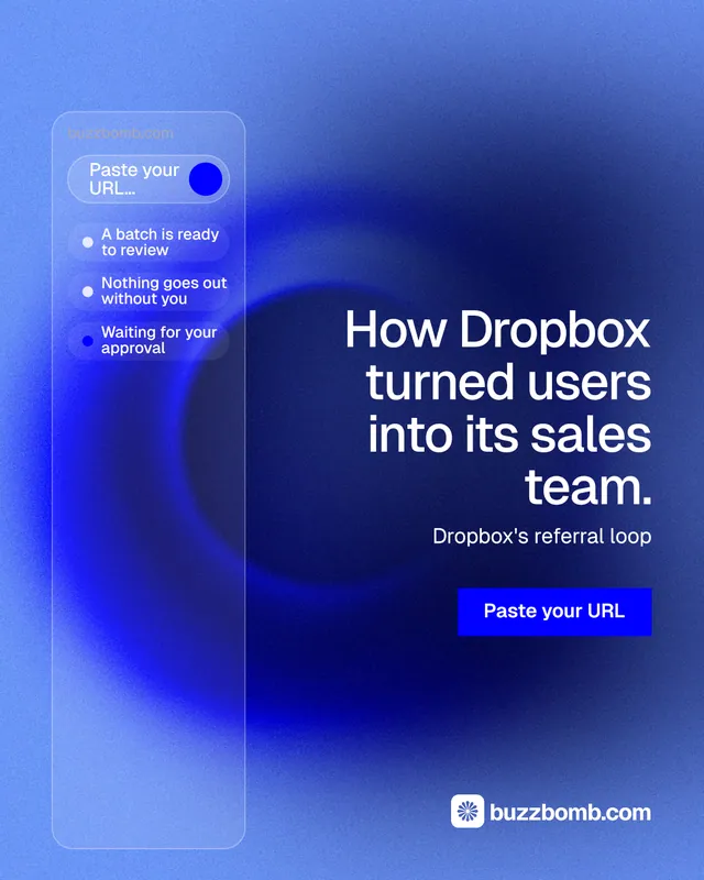 Instagram portrait post for BuzzBomb: "How Dropbox turned users into its sales team." Swiss style, right layout, dark palette in blue.