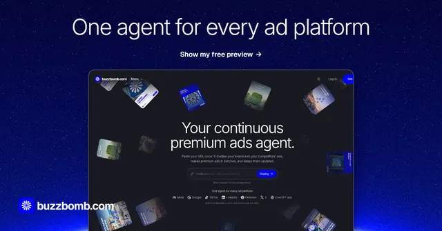 Social ad for BuzzBomb: "One agent for every ad platform". Swiss style, ogui layout, dark palette in black, blue, grey.