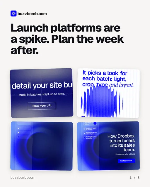 Carousel for BuzzBomb: "Launch platforms are a spike. Plan the week after.". Collection carousel, 8 slides, light palette.