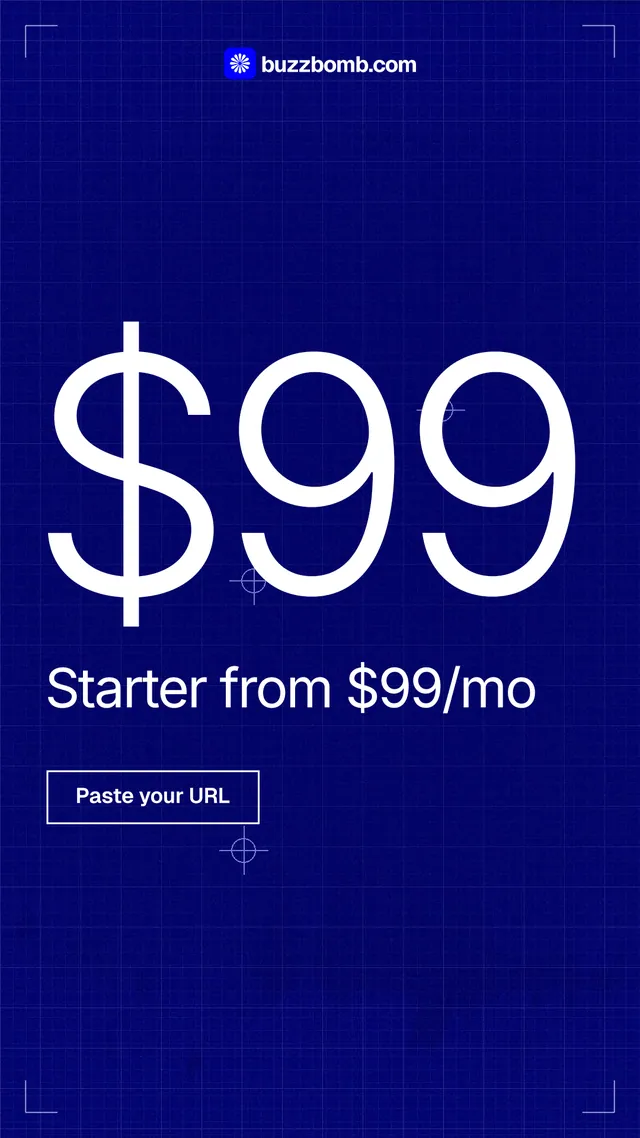 Instagram story for BuzzBomb: "Finished ads, priced by the month." Blueprint style, stat layout, dark palette in blue.