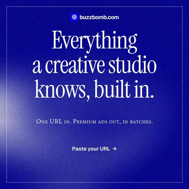 Instagram post for BuzzBomb: "Everything a creative studio knows, built in." Editorial style, smallcaps layout, dark palette in blue.