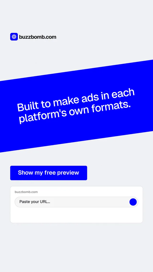 Instagram story for BuzzBomb: "Built to make ads in each platform's own formats." Data card style, diagonal layout, light palette in white, blue.