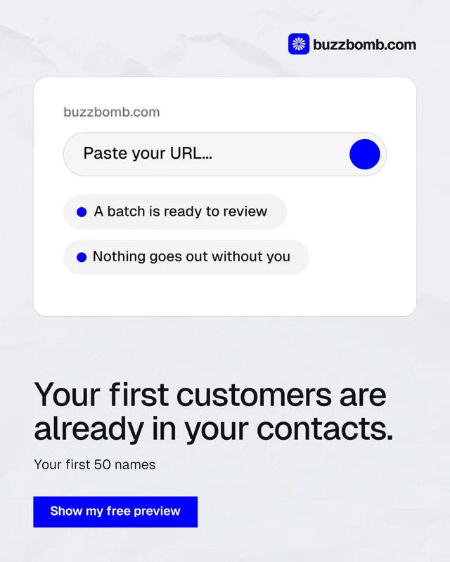 Instagram portrait post for BuzzBomb: "Your first customers are already in your contacts." Swiss style, bottom layout, light palette in white, blue.