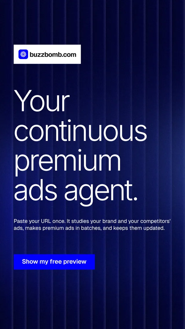 Instagram story for BuzzBomb: "Your continuous premium ads agent." Swiss style, announce layout, dark palette in black, blue, grey.