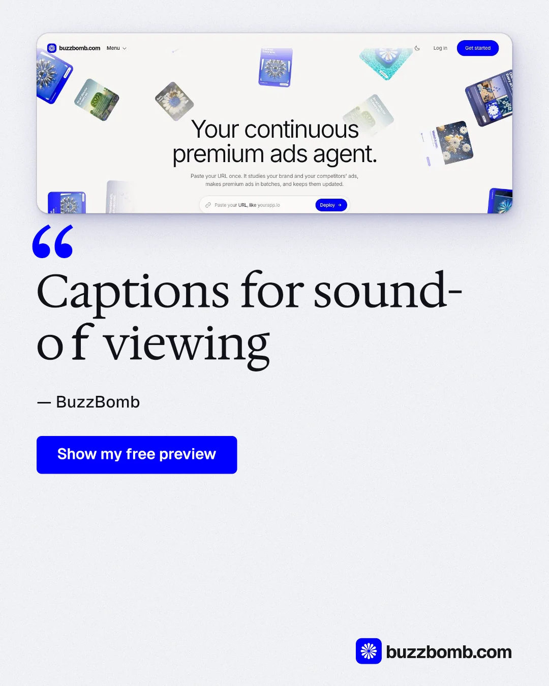 Instagram portrait post for BuzzBomb: "Captions for sound-off viewing". Data card style, quote layout, light palette in white, blue.