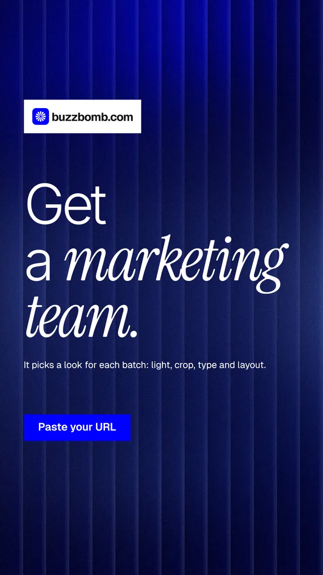 Instagram story for BuzzBomb: "Get a marketing team." Swiss style, announce layout, dark palette in blue.