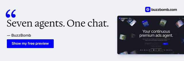 X header for BuzzBomb: "Seven agents. One chat." Data card style, quote layout, light palette in white, blue, grey.