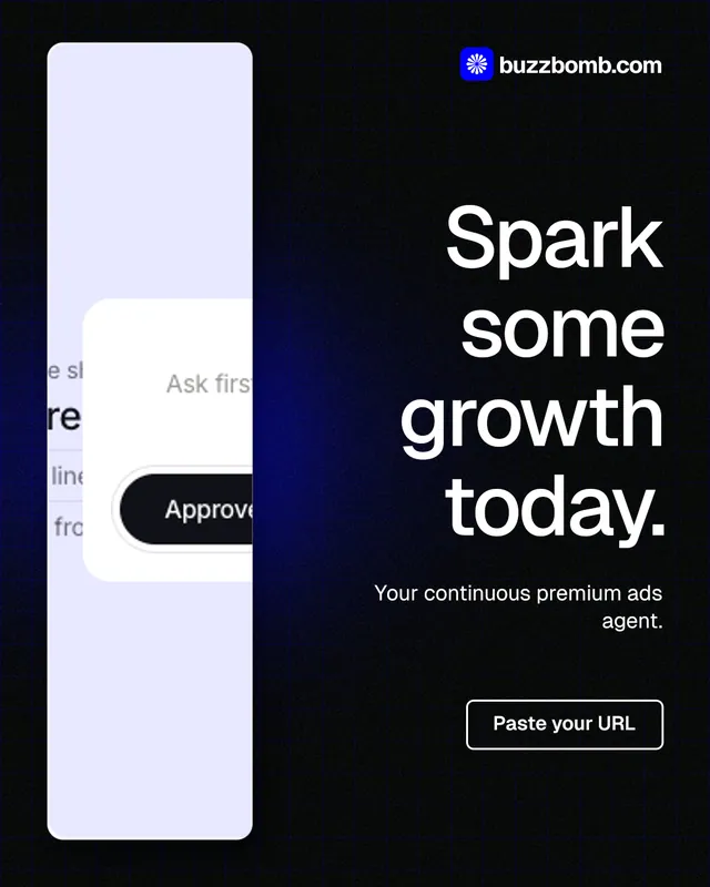 Instagram portrait post for BuzzBomb: "Spark some growth today." Phosphor atlas style, right layout, dark palette in black, white, grey.