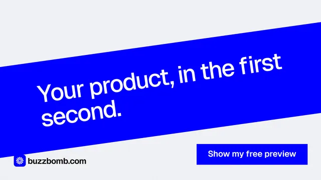 Landscape graphic for BuzzBomb: "Your product, in the first second." Swiss style, diagonal layout, light palette in blue, white.