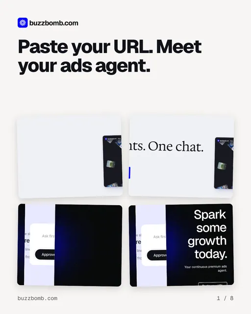 Carousel for BuzzBomb: "Paste your URL. Meet your ads agent.". Collection carousel, 8 slides, light palette.