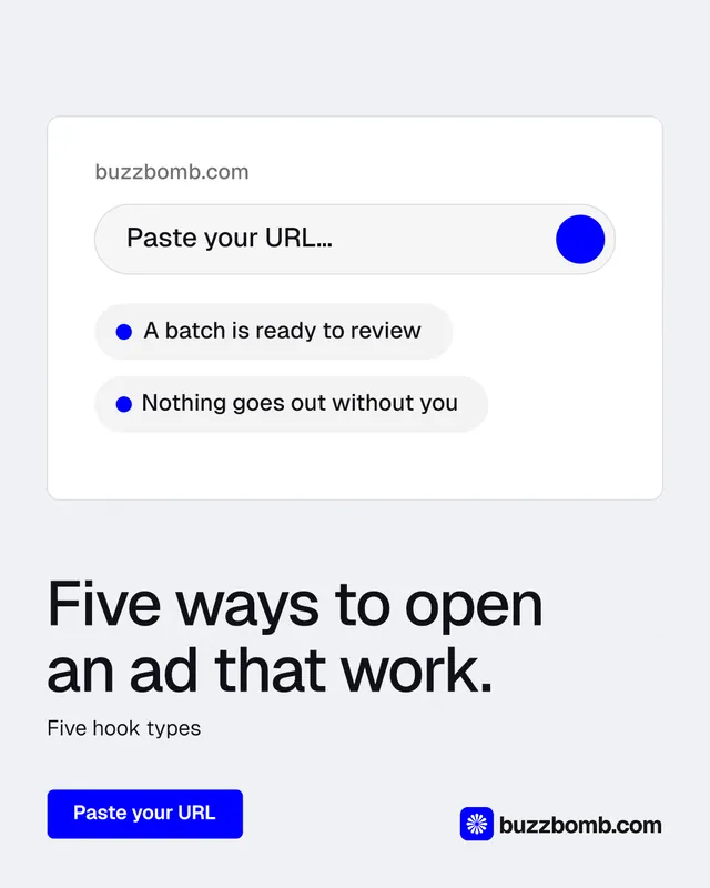 Instagram portrait post for BuzzBomb: "Five ways to open an ad that work." Data card style, bottom layout, light palette in white, blue.